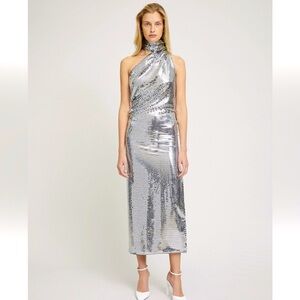 NWT ATTICO silver sequin midi halter cocktail party dress US 8 $1621